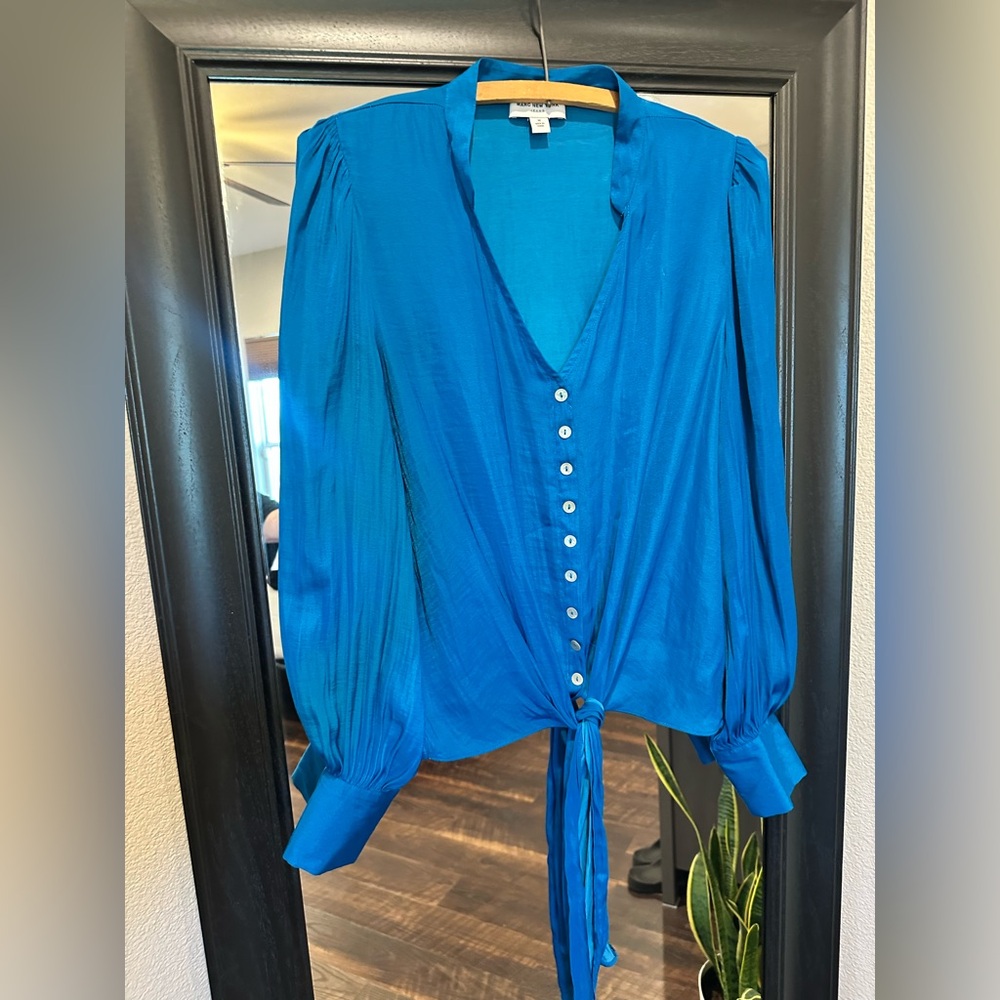 Marc New York Teal V-Neck Button Tie-Front Blouse